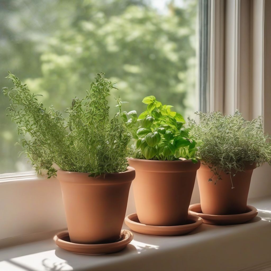 Terracotta pots with fresh herbs